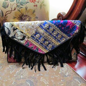 Tibetan Handicraft Fabric Patchwork Purse with Velvet Fringe